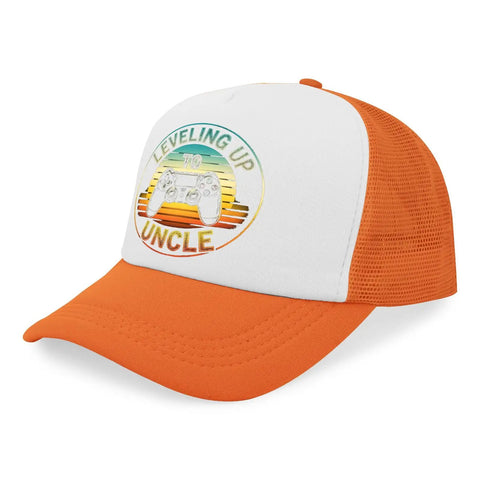 Cool Uncle Club Inspired Adjustable Athletic Hat For Women Ultra Breathable Cap with "Leveling Up to Uncle" design in orange and white