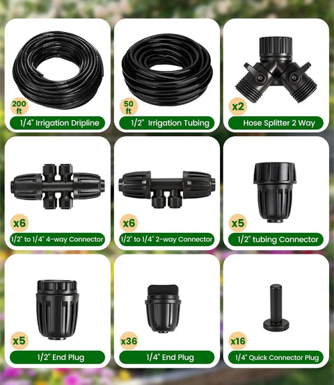 250 Ft Drip Irrigation Kit With Half Inch Tubing And Quarter Inch Dripline Plus Quick Connect Fittings For Garden Beds And Greenhouse Watering UV Resistant PVC And PE Materials Easy Setup