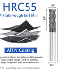 Front view of a 4-flute solid carbide roughing end mill with AlTiN coating; 1/4 in shank, 2-1/2 in overall length.