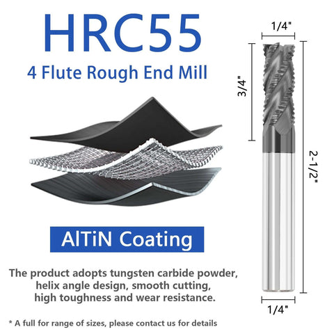 Front view of a 4-flute solid carbide roughing end mill with AlTiN coating; 1/4 in shank, 2-1/2 in overall length.