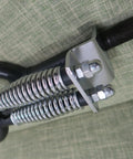 Close-up of dual spring 26 Inch Springer Suspension Fork for Cruiser Chopper Bikes, black finish, side view.
