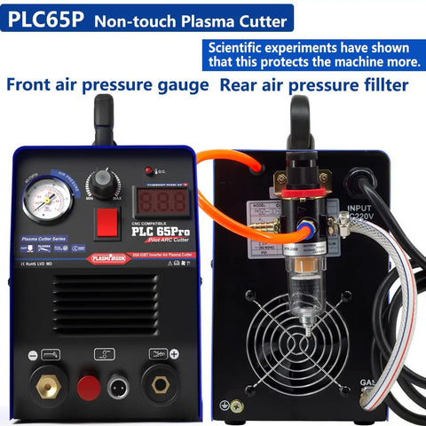 Front view of 65 Amp Pro Grade Plasma Cutter With Dual Voltage 110V And 220V Inverter IGBT Power Non Touch Pilot Arc HF Air Start LED Digital Display.