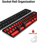 Red and black socket rails from Three Eighths Inch Drive Shallow And Deep 12 Point Socket And Ratchet Set With Rails And Trays All In One 74 Piece