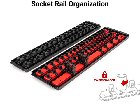 74 Piece 3/8 Inch Drive Socket And Ratchet Set With Rails And Trays Includes 1/4 To 1 Inch Standard And Deep 6-Point Inch And Metric Sockets Great For Auto Repairs DIY Projects And Everyday Home Maintenance showing socket rail organization system