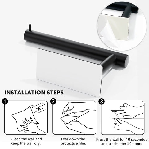 Self-Adhesive Toilet Paper Holder No Drill Matte Black Stainless Steel Wall Mounted, installation steps guide.