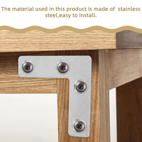 Heavy Duty L Shaped Corner Brackets Set, 36 Stainless Steel Mounting Braces for Cabinets and Furniture, Flat Back Design in use