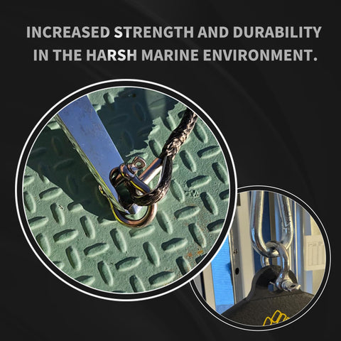 316 Stainless Steel D Ring Shackles Marine Grade Heavy Duty Clevis Anchor Shackle Kit With Screw Pin One Quarter Inch And Five Sixteenth Inch Saltwater Ready For Boat Sailboat Rigging Chain And Strap Four Pack attached to a boat deck and rope, showing corrosion resistance in marine environment.