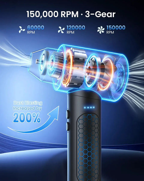 Rechargeable Brushless Air Duster With Bright Led Light And High Speed Fan For Instant Keyboard Laptop And Pc Cleaning That Helps You Clean Like A Boss On Any Desk Setup showing motor components and airflow.