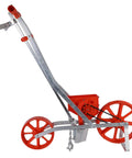 Push Garden Seeder Planter with 3 lb Poly Hopper and 7 Interchangeable Seed Plates, vibrant orange and aluminum frame, side view