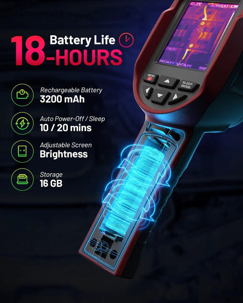Pro Grade Handheld Infrared Thermal Camera With 240x240 TSIR Imaging, 18-hour battery, 3200 mAh, 16GB storage details.
