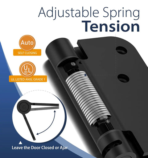 Adjustable spring tension for Heavy Duty 4 Inch Self Closing Door Hinges Three Pack with UL listed safety features.
