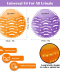 Urinal Screens Deodorizer Set Of 10 With Orange And Lavender Fresh Scents For High Traffic Bathrooms In Offices Malls And Restaurants Odor Control And Debris Blocking Commercial Air Freshener - image of two scented urinal screens in orange and purple with product features highlighted.