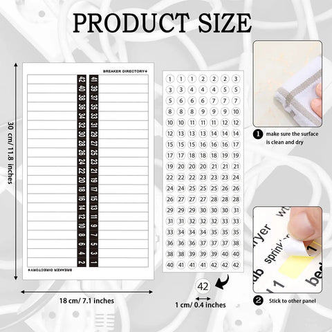 Five Pack Circuit Breaker Box Labels Waterproof Fuse Box Stickers Directory For Electric Panel Load Center Identification Adhesive Labels With Digital Dots For Up To 42 Entries showing dimensions and installation instructions.