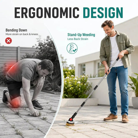 Person using 3 In 1 Heavy Duty Crack Weeder Tool With 59 Inch Adjustable Handle Stainless Steel Crevice Weed Puller And Moss Remover for driveways and patios.