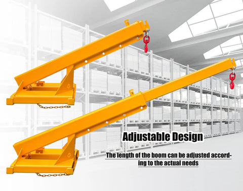 Heavy Duty Workhorse Forklift Jib Boom Crane With 11000 Lbs Capacity And Adjustable 94.5 Inch Telescopic Arm design showcasing adjustable length boom in warehouse.