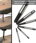 6 Piece Stripped Screw Extractor And Damaged Bolt Remover Set For DIYers with instructions and tools displayed