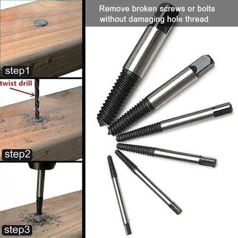 6 Piece Stripped Screw Extractor And Damaged Bolt Remover Set For DIYers with instructions and tools displayed