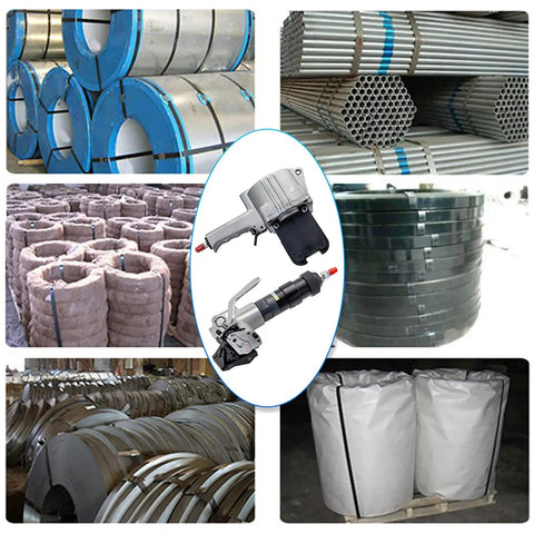 Heavy Duty Pneumatic Steel Strapping Tool And Metal Banding Machine Air Powered Tensioner Cutter Sealer with metal banding rolls.
