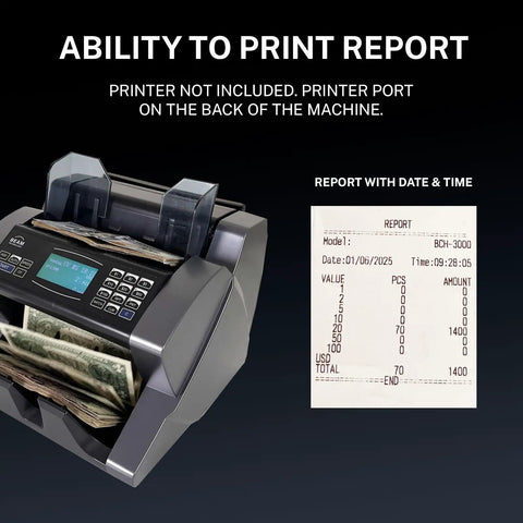 High Speed Money Counter With Multi Currency Value Count And Counterfeit Bill Detector Four Currencies USD CAD MXN EUR Add And Batch Modes LCD Display For Cash Biz with report print capability