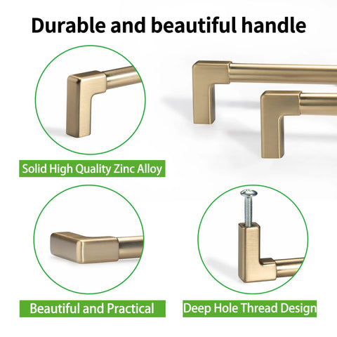 10 Pack Classic Solid Cabinet Handles Set 6.3 Inch Screw Spacing in Champagne Bronze, durable zinc alloy construction, handle details shown
