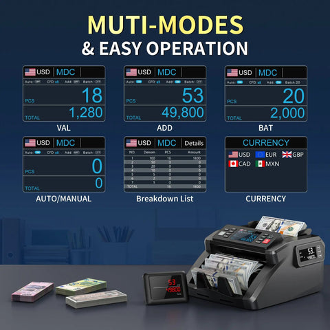 Mixed Denomination Money Counter Machine With Value Counting And Three Displays in operation showing multiple currency modes.