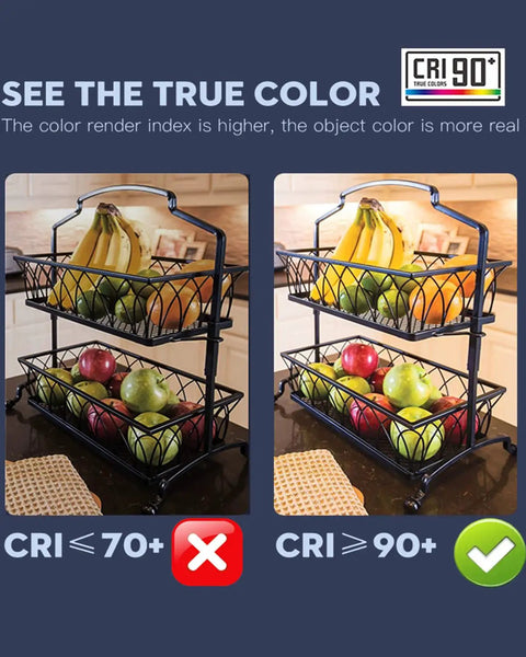 Two fruit baskets comparing CRI <70 and CRI 90+ to show color accuracy difference in LED lighting.