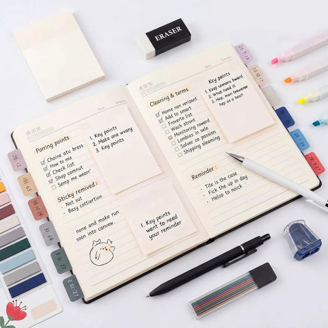 All In One College Stationery Gear With Large Pencil Case, Black Gel Pens, open notebook with sticky notes and pastel highlighters