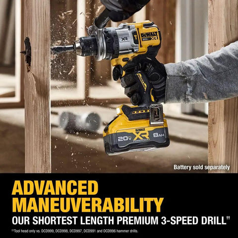 Top Shelf 20V MAX Cordless Hammer Drill Sold As A Bare Tool Rig with half inch chuck drilling into wood, compact design.