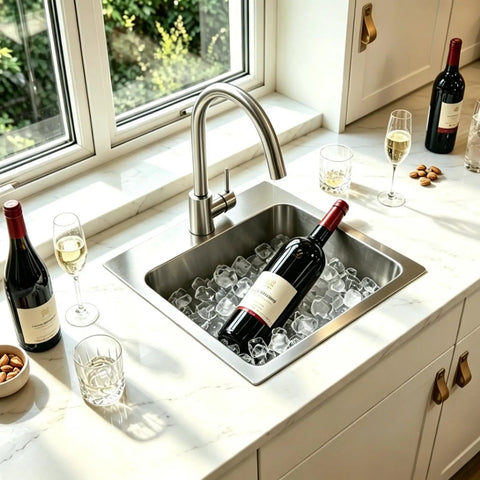 Drop In Bar Sink 15x15 Inch, Topmount Single Bowl, 16 Gauge Stainless Steel Kitchen Sink filled with ice and wine bottles
