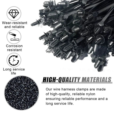 Close-up of 200 Piece Car Wire Loom Clips Kit With 15 Sizes Push Mount Cable Tie Assortment, PA6 nylon material.