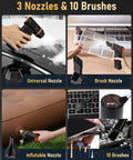 Four images showing Electric Air Duster With 180000 RPM Brushless Motor; universal, brush, inflatable nozzles, and 10 brushes for cleaning.