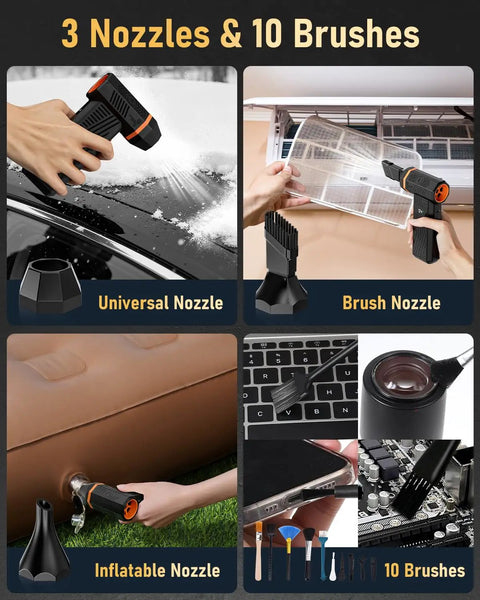 Four images showing Electric Air Duster With 180000 RPM Brushless Motor; universal, brush, inflatable nozzles, and 10 brushes for cleaning.