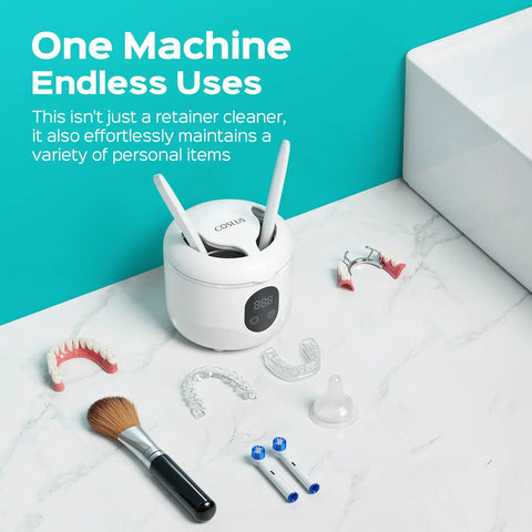 45kHz Ultrasonic Retainer Cleaner Machine for dentures and mouth guards with removable tank, white, on bathroom counter.