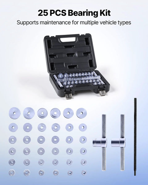 VEVOR bicycle bearing press kit, 25 pcs, metal spacers and discs, two knurled handles with long screw in black case