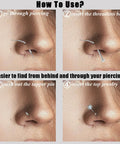 Steps showing the use of Curved Titanium Pro Grade Piercing Kit 20G 18G 16G 14G With Insertion Taper Pin for nose piercing.