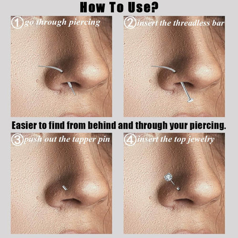 Steps showing the use of Curved Titanium Pro Grade Piercing Kit 20G 18G 16G 14G With Insertion Taper Pin for nose piercing.