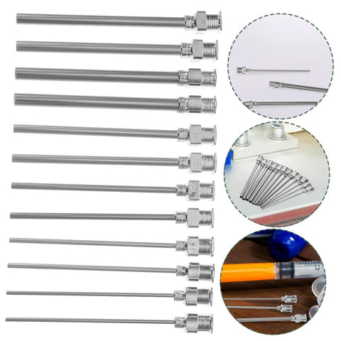 Top Tier Stainless Steel Luer Lock Dispensing Needles 12 Pack Blunt Tip Syringe Tips For Glue Ink And Adhesive 2.40 Inch Slick Flow Kit For Garage And Lab Runs, stainless steel blunt tips displaying their Luer lock fittings.