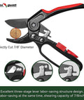 Ratchet Pruning Shears for Gardeners, 3x Cutting Power, ergonomic black and red clippers with 7/8 inch diameter cut detail