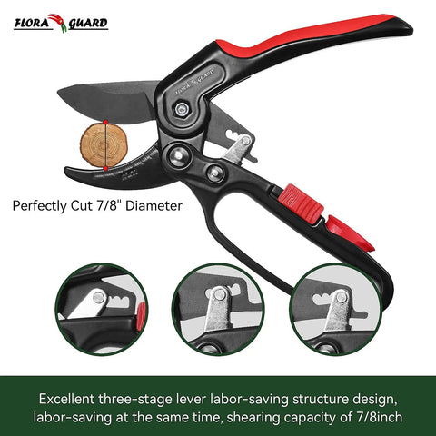 Ratchet Pruning Shears for Gardeners, 3x Cutting Power, ergonomic black and red clippers with 7/8 inch diameter cut detail