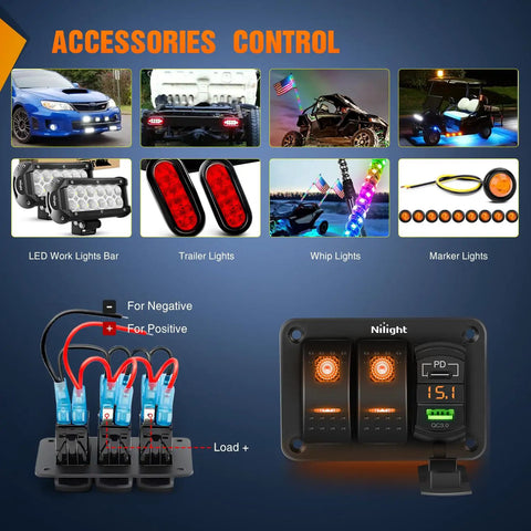 Two Gang Rocker Switch Panel With PD Type C USB Charger And Voltmeter 12V SPST On Off Toggle Switches Orange Backlit