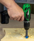 Person using drill with 6 Pcs Collet Adapter Set 12.7mm To 6.35mm Carbon Steel Router Collet Reduction Sleeve on wood