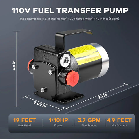 110V Electric Fuel Transfer Pump Kit dimensions 5.1x3.03x4.3 inches, ideal for gas, diesel, and kerosene swaps.