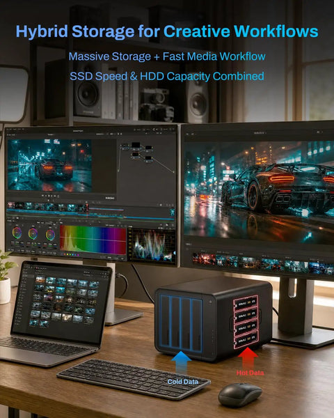 Heavy Duty Hybrid Storage Enclosure Featuring Four Sata Drive Bays And Four Nvme Slots For Up To 152TB of rock solid speed shown with desktop setup.
