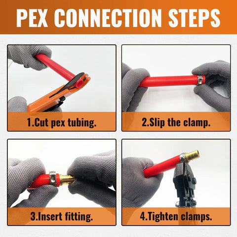 PEX connection steps for plumbing using 3/4 Inch PEX Brass Plug End Cap 6-Pack, detailing cutting, clamping, fitting, and tightening.