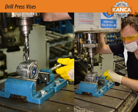 Low Profile Drill Press Vise 4 Inch DRL 100 Built Tough For Drilling Reaming And Tapping Projects In The Shop, in use on metal