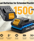 20V Cordless Power Drill Kit With Dual Speed Motor And Two Rechargeable Batteries Featuring Hella Tough Electric Screwdriver Led Work Light 199 Piece Home DIY Toolkit showing dual 1500mAh batteries.