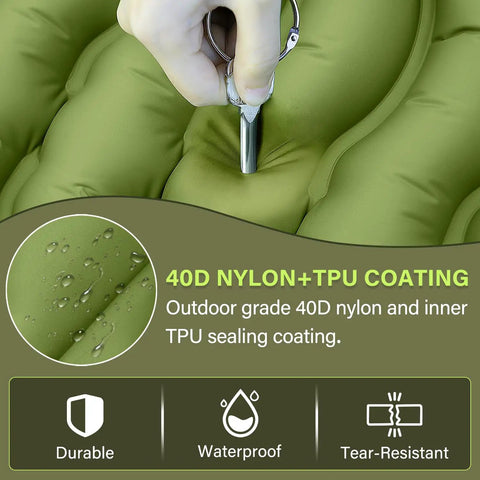 Close-up of green Ultralight Camping Sleeping Pad With Built In Pillow And Foot Pump, 3 Inch Thick Self Inflating Pad material
