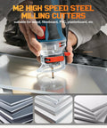 50 Piece Spiral Drywall Router Bit Set Built With High Speed Steel For Durable Cuts and Precise Guide Point in use on panel