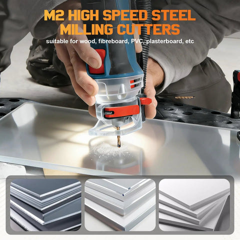 50 Piece Spiral Drywall Router Bit Set Built With High Speed Steel For Durable Cuts and Precise Guide Point in use on panel