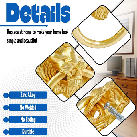 Details of Lion Head Cabinet Pull Handle Set Five Piece For Dresser Wardrobe Kitchen Cupboard Ring Drawer Pulls With Screws Gold Finish